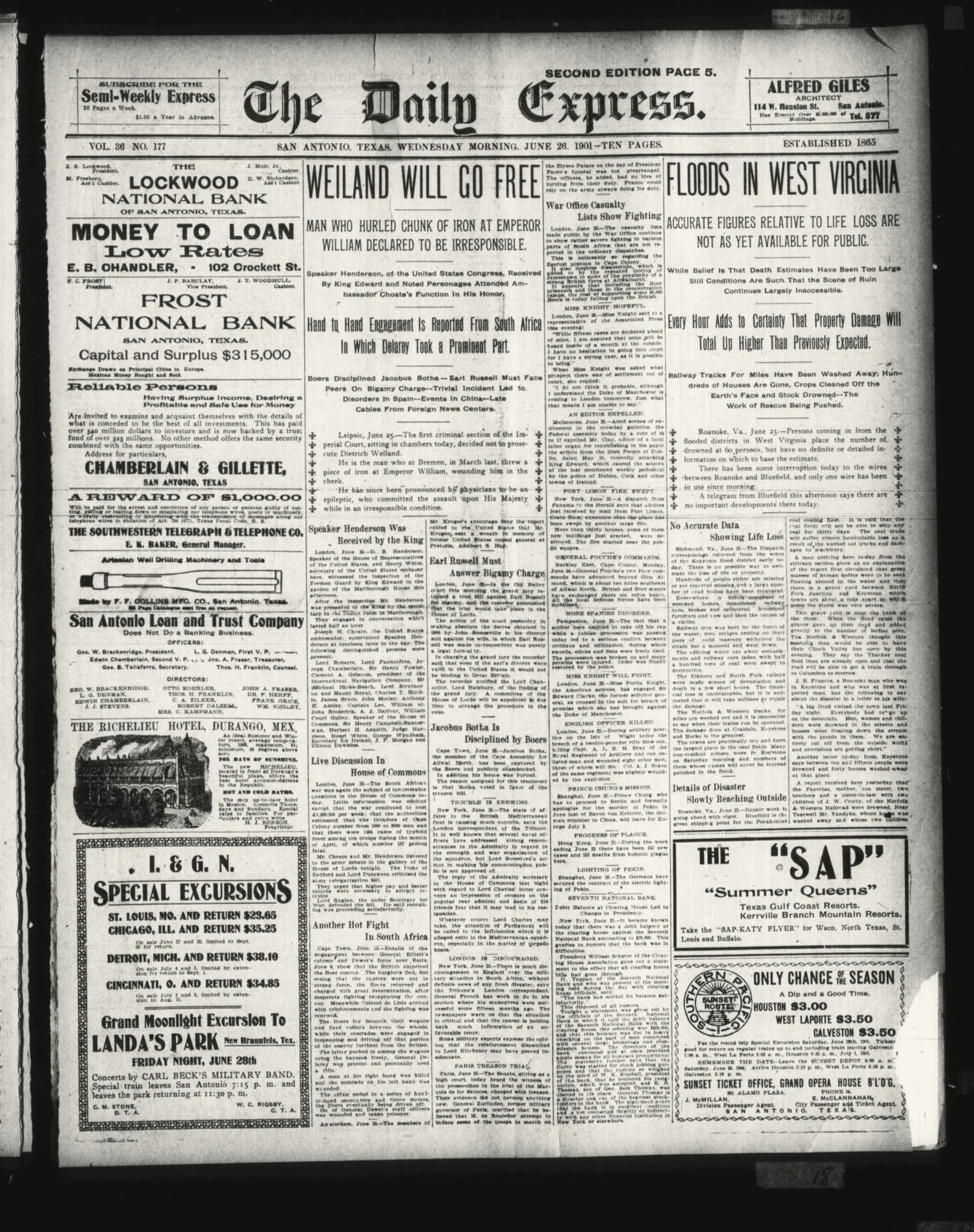 The Daily Express. (San Antonio, Tex.), Vol. 36, No. 177, Ed. 1 Wednesday, June 26, 1901